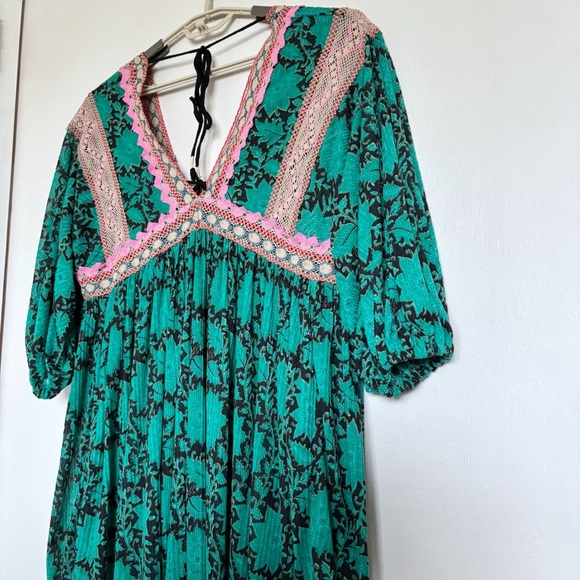 Free People Moon Child Maxi Top Size Small Green Bohemian Flowy Crochet Trim - Picture 3 of 13